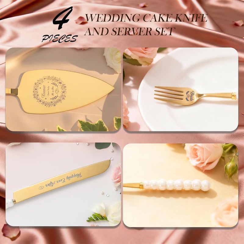 kingump 4 Piece Wedding Cake Cutting Set, Knife and Server with Forks, Elegant Wedding Cake Knife and Server Set for Bride and Groom(Pearl Handle Gold) - Image 4